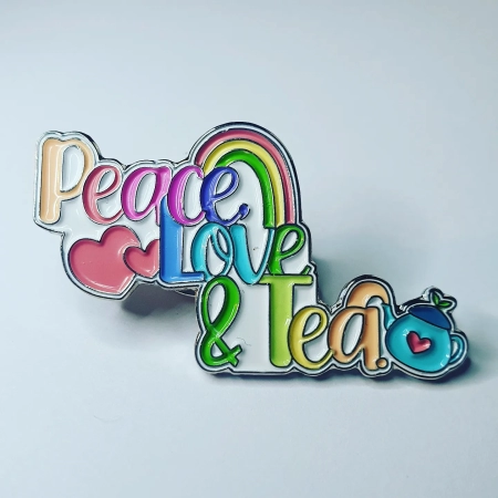 Peace love and tea enamel pin badge